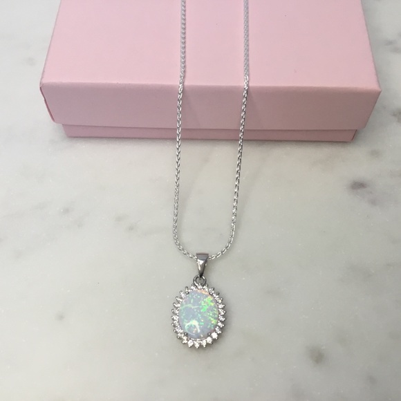 Sterling Silver White Lab Opal & Cz's Necklace - Picture 8 of 15